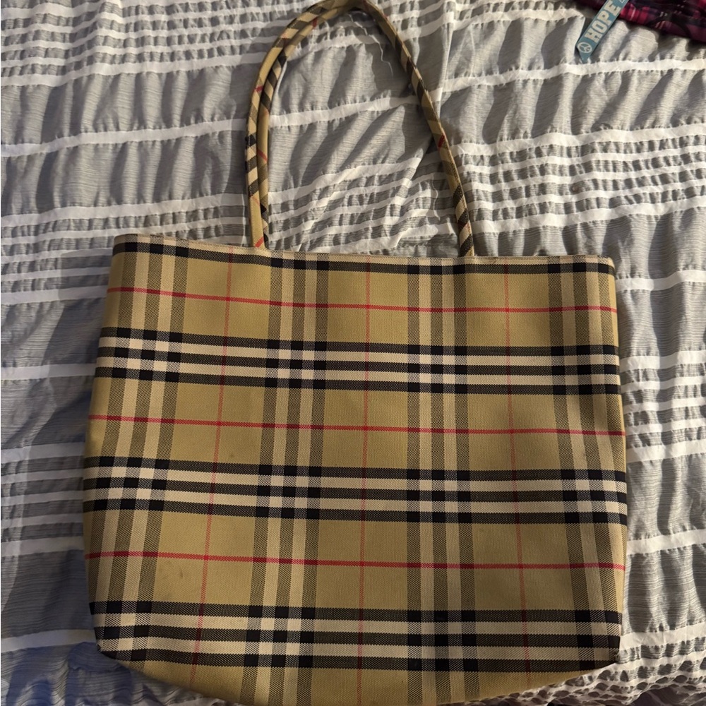 Burberry Tan and Black Tartan Tote Bag